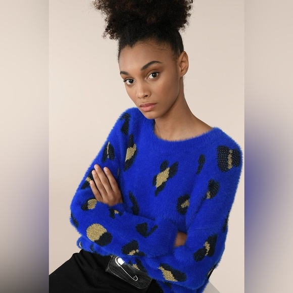 Lili Sidonio by Molly Bracken – Leopard Print Fuzzy Sweater Electric Blue – S/M - Picture 2 of 6